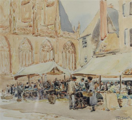 Paul Smyth, watercolour, Market scene, near a cathedral, signed, 42 x 44.5cm